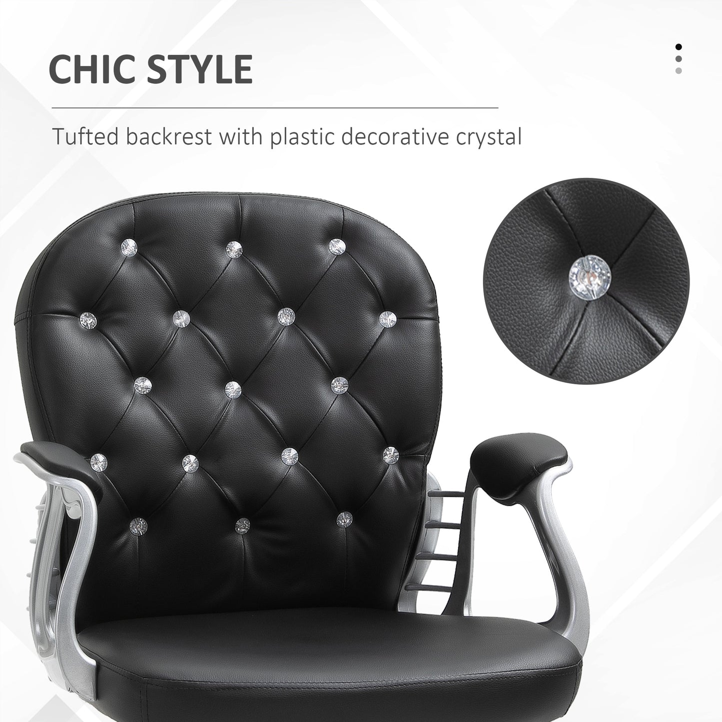 Makeup Vanity Chair, PU Leather Computer Task Chair with Button Tufted, Padded Armrests, Adjustable Height and Swivel Wheels, Black