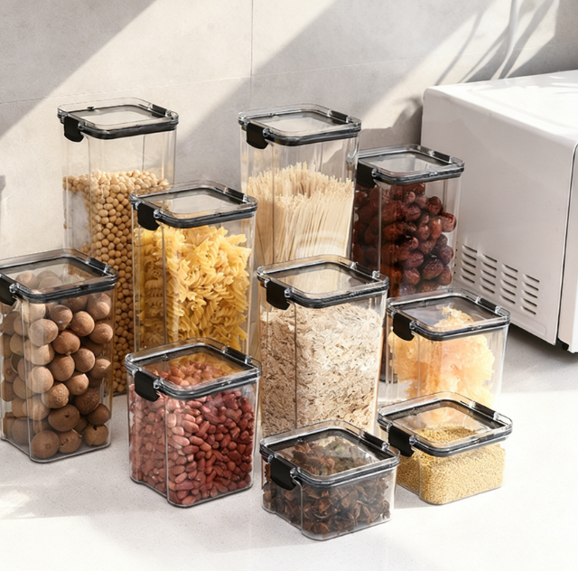 Black  White   Food Grade Clear Plastic Airtight Storage Containers, Square Thickened Jars With Lids For Grains, Cereal & Dry Food
