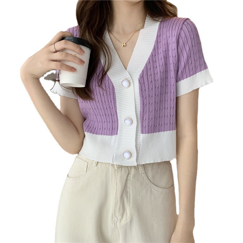 Retro V-neck Short-sleeve Knit Women's Summer Korean Loose Crop Top