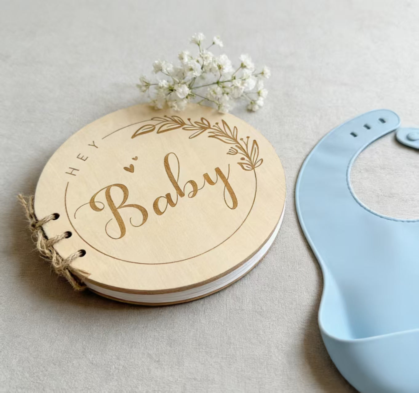 Gender Neutral Infant Keepsake Album, Laser Carved Round Wooden Baby Memory Book For New Parents Gift