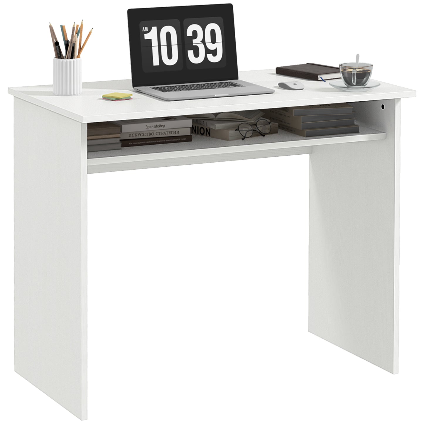 Modern Computer Desk, Home Office Table, Small Writing Desk With Storage Shelf, 90 X 50cm, White Wood Grain