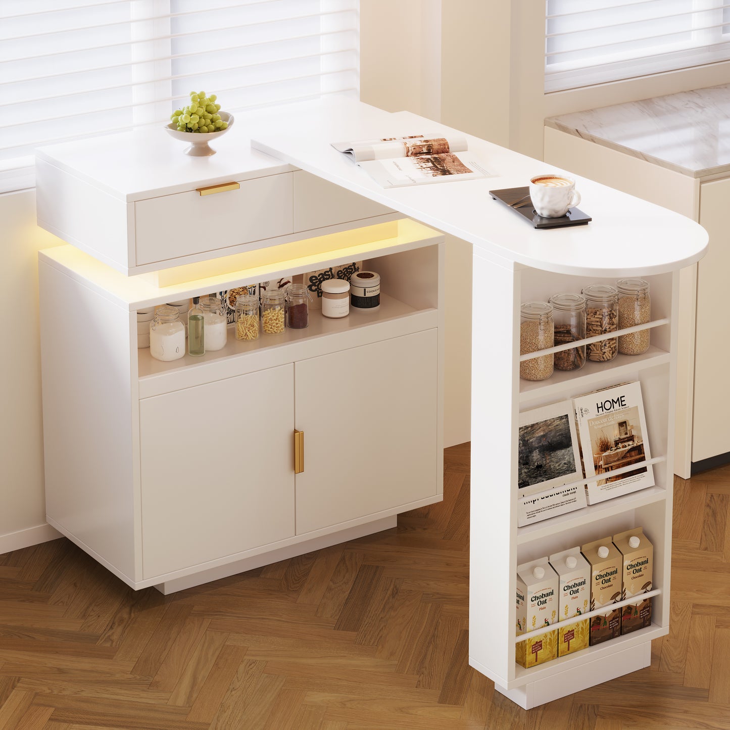 Extendable Bar Table  115-183 X 40 X 99 Cm , Extendable Kitchen Island, Bar Table With Storage Space, LED Lighting, 360  Rotation Function, Mobile Coffee Bar, Suitable For Kitchen And Dining Room, Whi