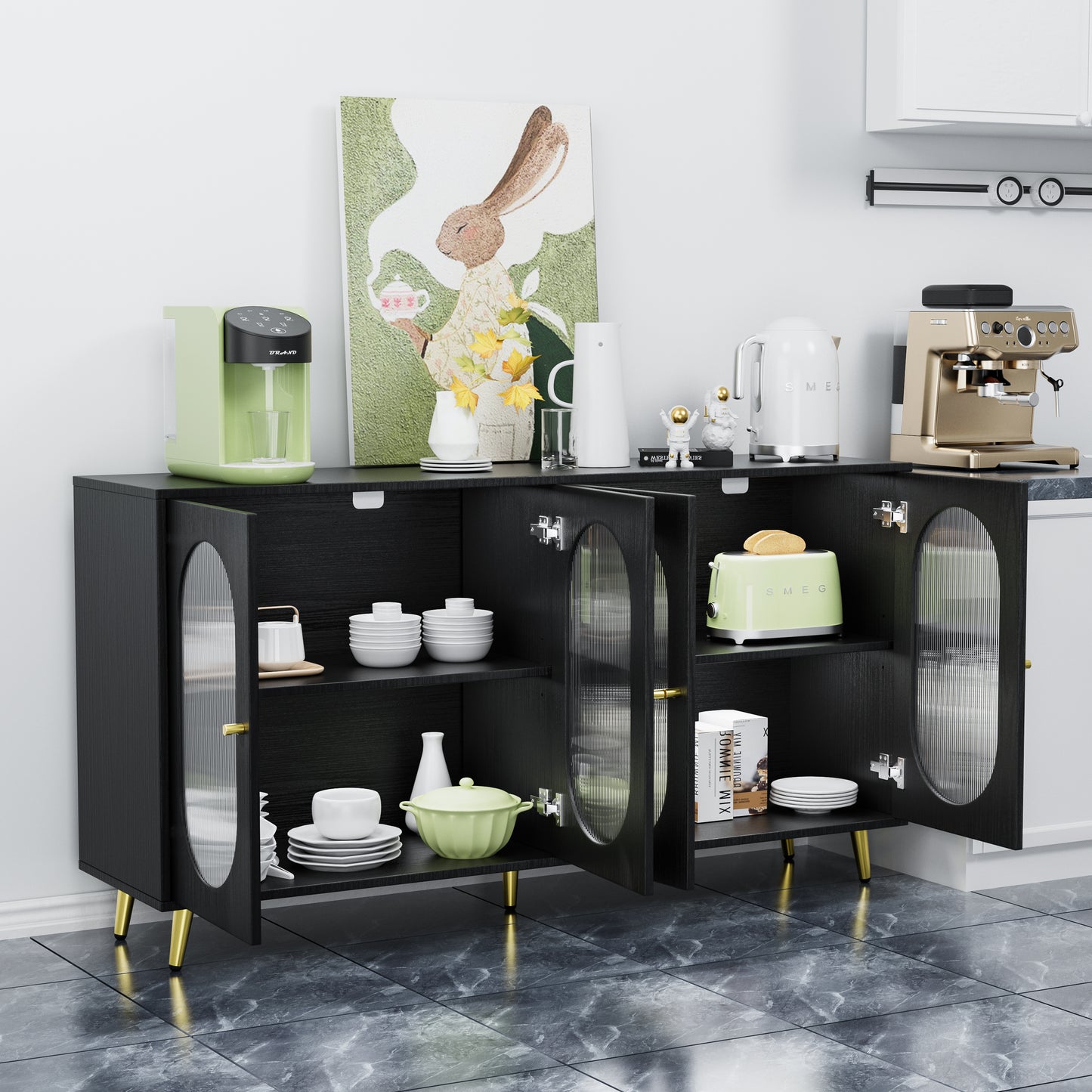 Modern Accent Sideboard Cabinet With Acrylic Doors, Freestanding Storage Cupboard Console Table For Kitchen Dining Living Room Hallway Office, Black