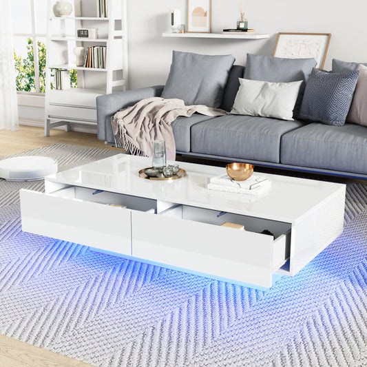 Modern High-gloss Coffee Table In White, 115 X 55 X 34 Cm, With 2 Drawers, LED Lighting And 30 Kg Load Capacity  Elegant Living Room Table