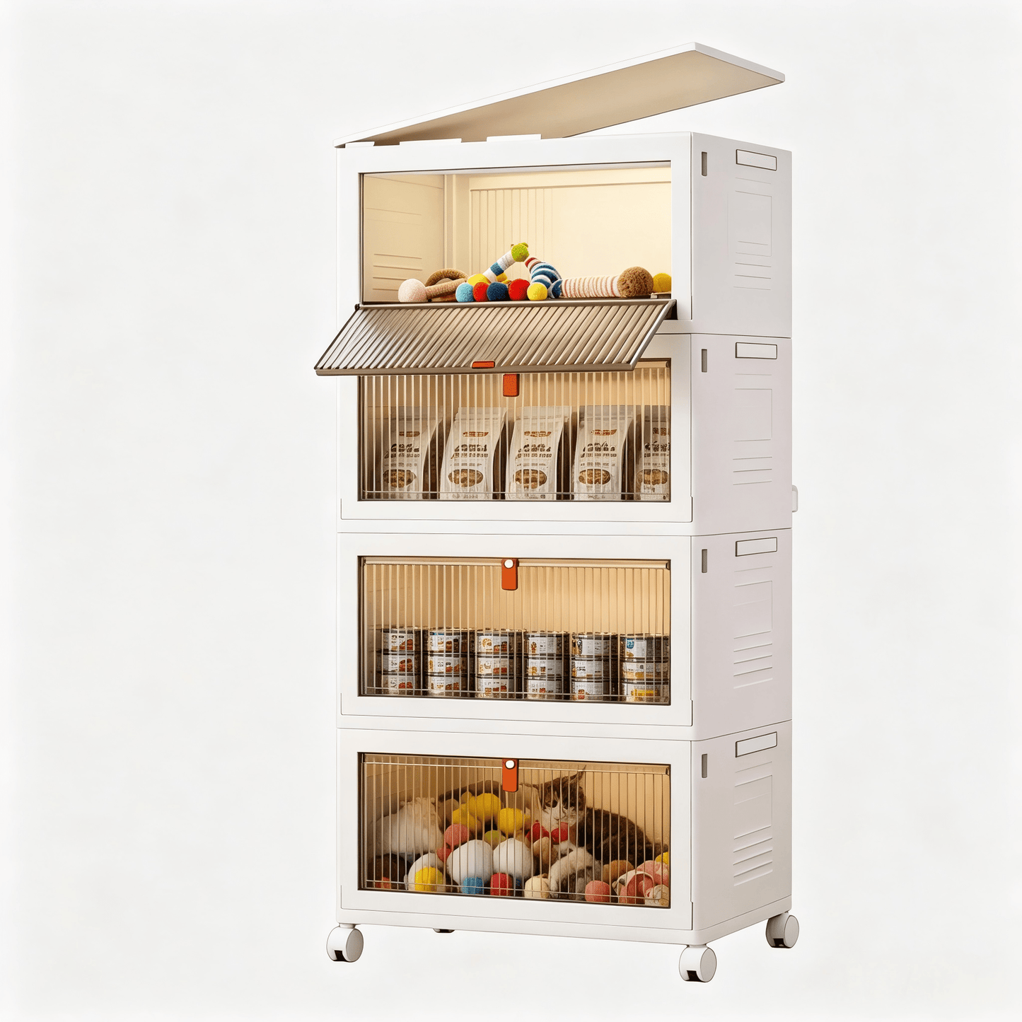 Foldable Stackable Pet Supplies Storage Bin With Wheels, Magnetic Door Collapsible Organizer Cabinet For Pet Toys, Food, Grooming Tools, Multi-Purpose Storage For Home, Bedroom, Laundry Room