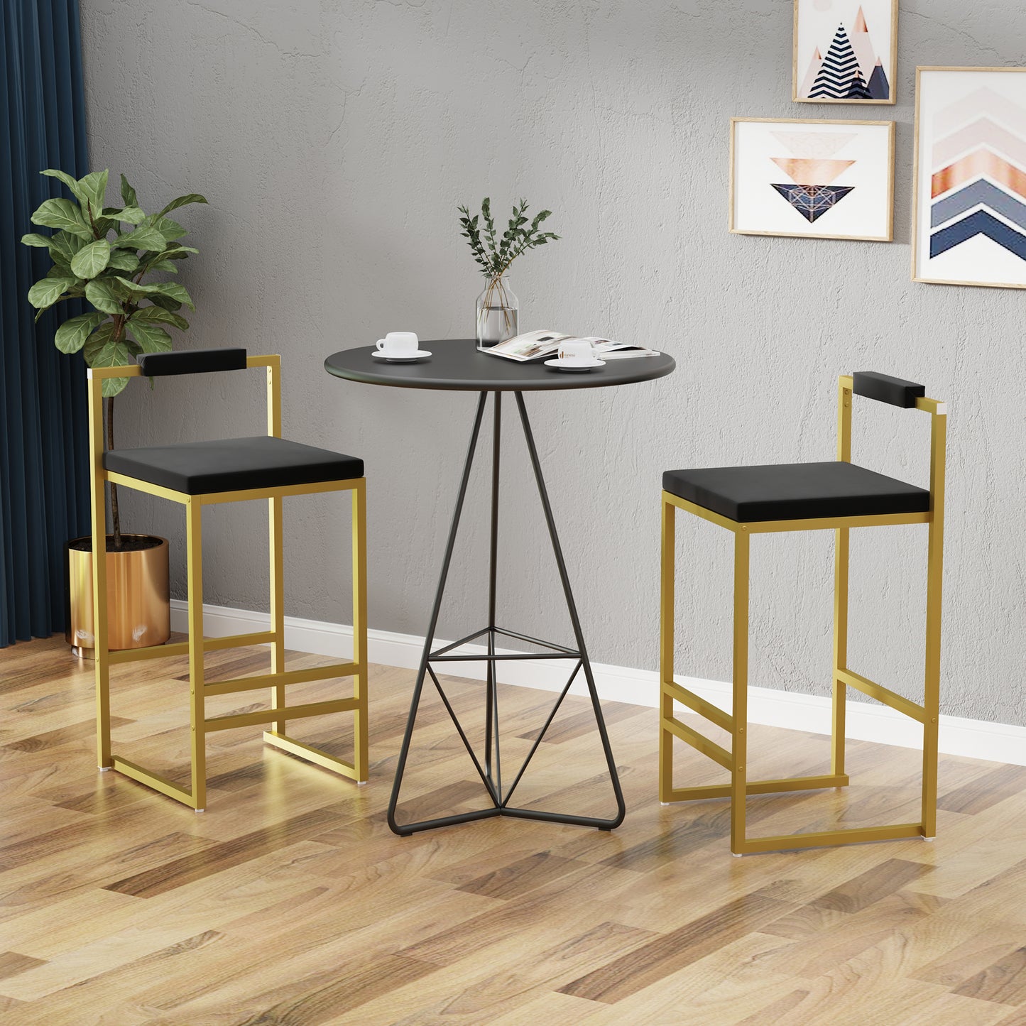 Modern Velvet Counter Height Bar Stools With Low Backrest Set Of 2 Upholstered Dining Stools For Kitchen Island  Gold & Black