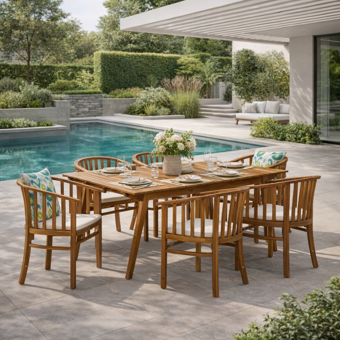 Outdoor 6 Seater Acacia Wood Dining Set With Cushins,Finish And Cream