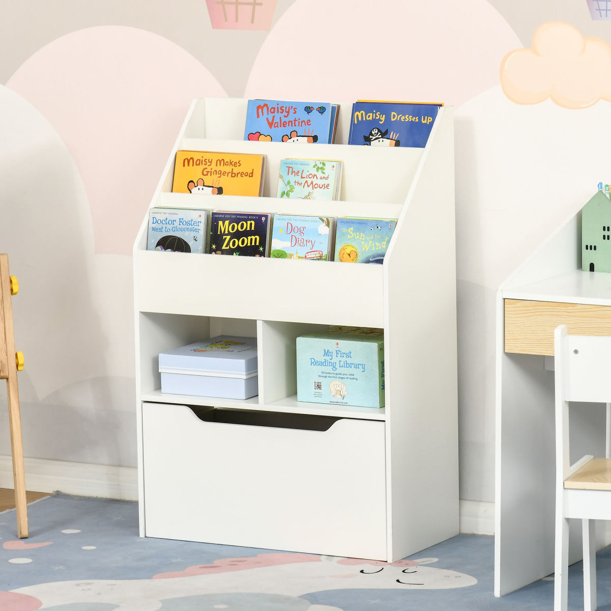 Kids Bookcase Multi-Shelf Book Rack With Mobile Drawer For Books, Toys, White