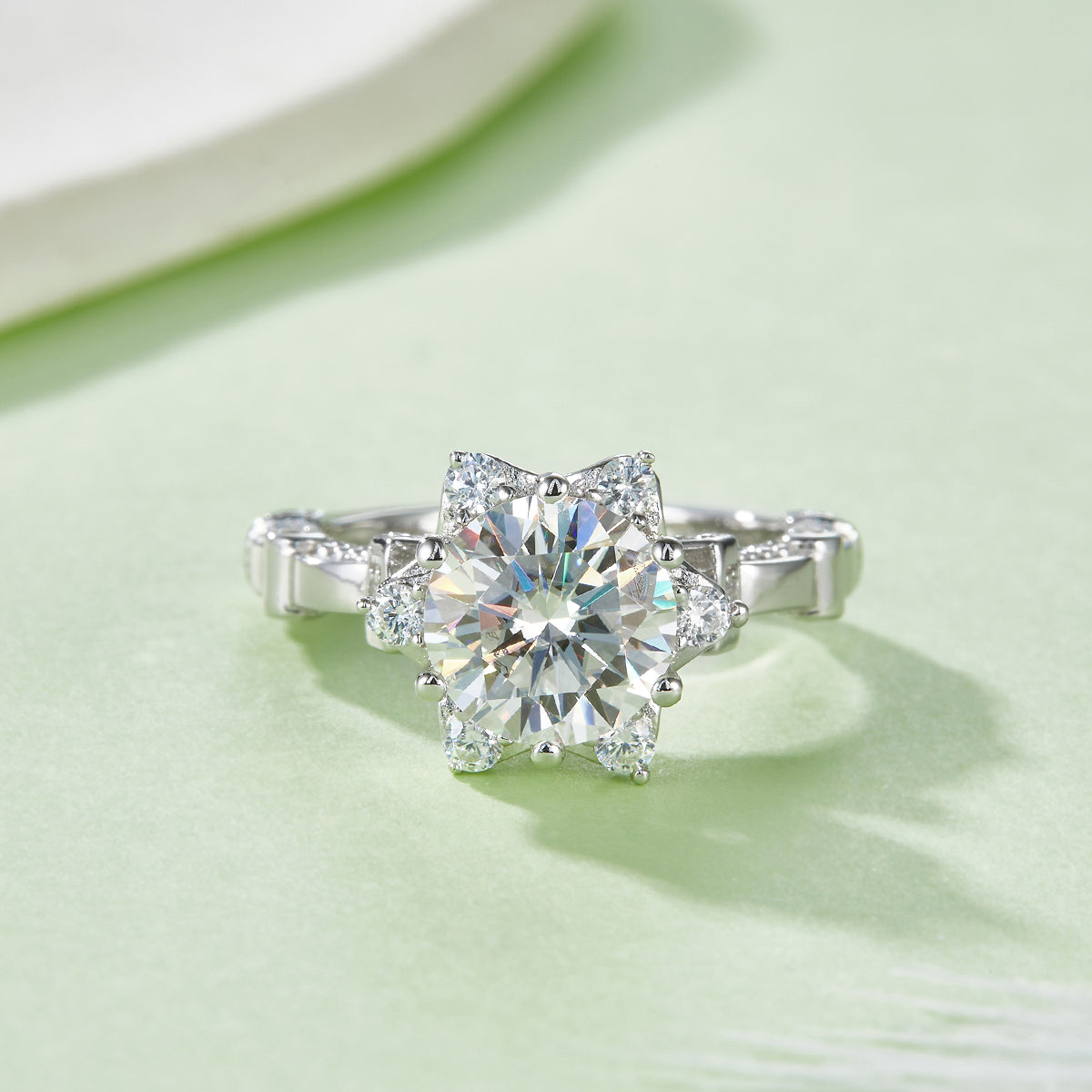 S925 Sterling Silver 2ct Moissanite Ring, 8mm D-VVS1 Star Halo Split Shank, Platinum Plated US Sizes 5-9, GRA Certificate Gift Box
