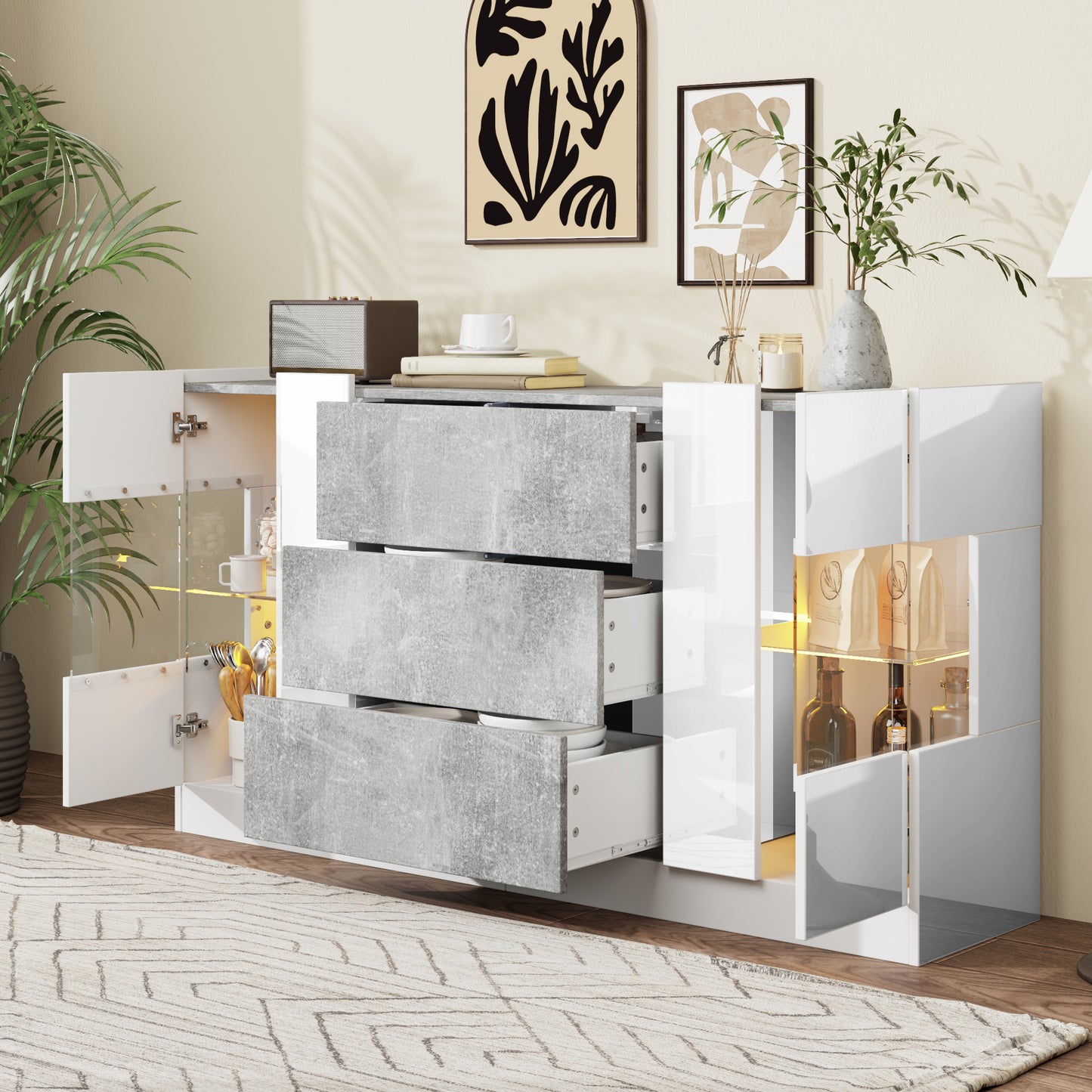 Elegant Sideboard With 2 Doors And 3 Drawers - High Gloss White Fronts And Grey Marble Look, LED Lighting With 16 Colours, 140 X 35 X 75 Cm