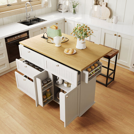 TOPMAx Farmhouse Kitchen Island With Drop Leaf And 2 Seatings  Kitchen Table Set With Storage Cabinet  Drawers  Door Shelves And Power Outlet  White