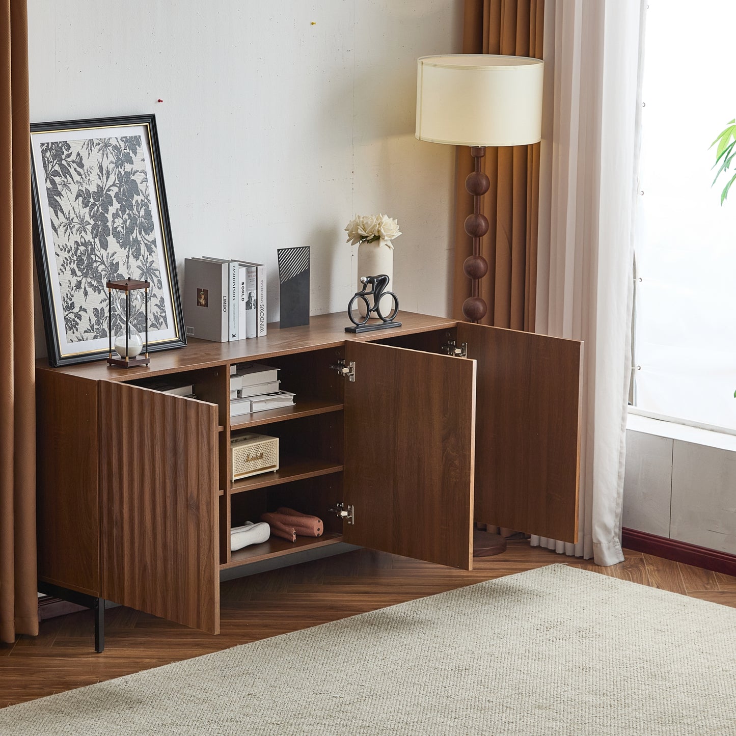 150x40x80cm Oak Dark Grained, Sideboard, Mid-Century Modern Decorative Cabinet, 3 Doors, Wavy 3D Design, Adjustable Shelves, Anti-Tilt Protection-Stylish Storage For Living Room, Dining Room, Office