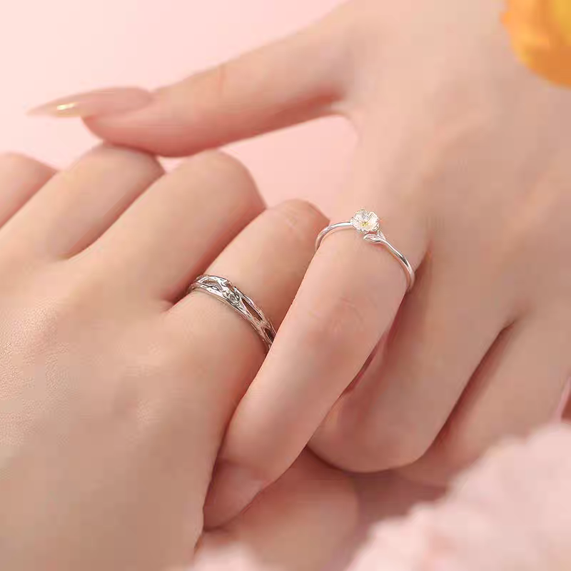 1 Pair 999 Sterling Silver Twig & Flower Couple Rings, Minimalist Romantic Style, For Daily Wear & Valentine's Gifts