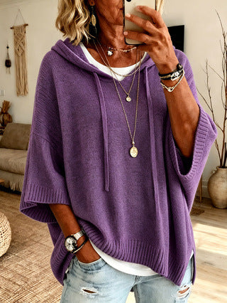 New Knitted Hoodie With Drawstring, Loose Fit Outerwear Sweater