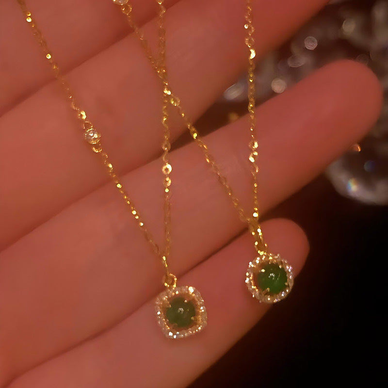 Copper Gold Plated Green Stone Necklace - Elegant Round Square Zircon Jewelry Gift