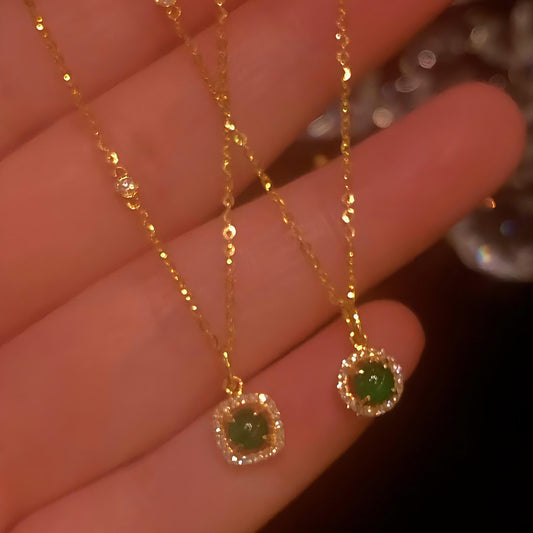 Copper Gold Plated Green Stone Necklace - Elegant Round Square Zircon Jewelry Gift