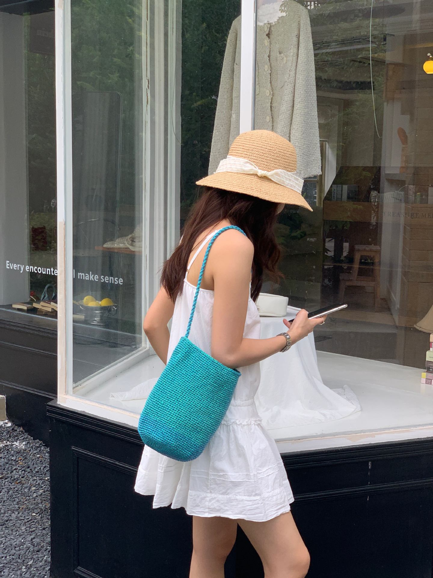 Korean-style Red Handmade Woven Bucket Bag For Women