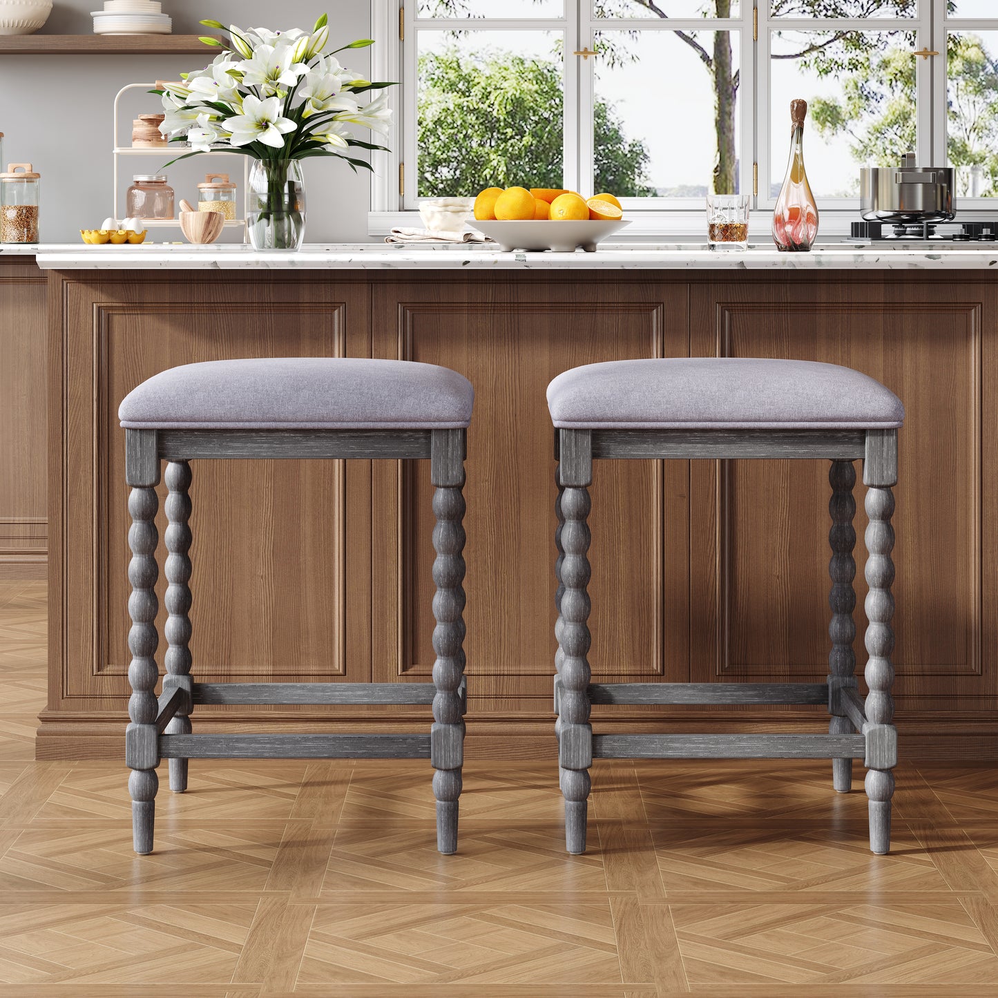 26Counter Stools,Set Of 2 With Upholstered Seat, Solid Acacia Wood Frame, Foam-Padded Seat, Open Airy Design For Kitchen Island And Bar, Gray