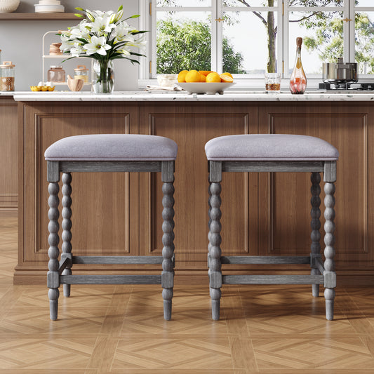26Counter Stools,Set Of 2 With Upholstered Seat, Solid Acacia Wood Frame, Foam-Padded Seat, Open Airy Design For Kitchen Island And Bar, Gray