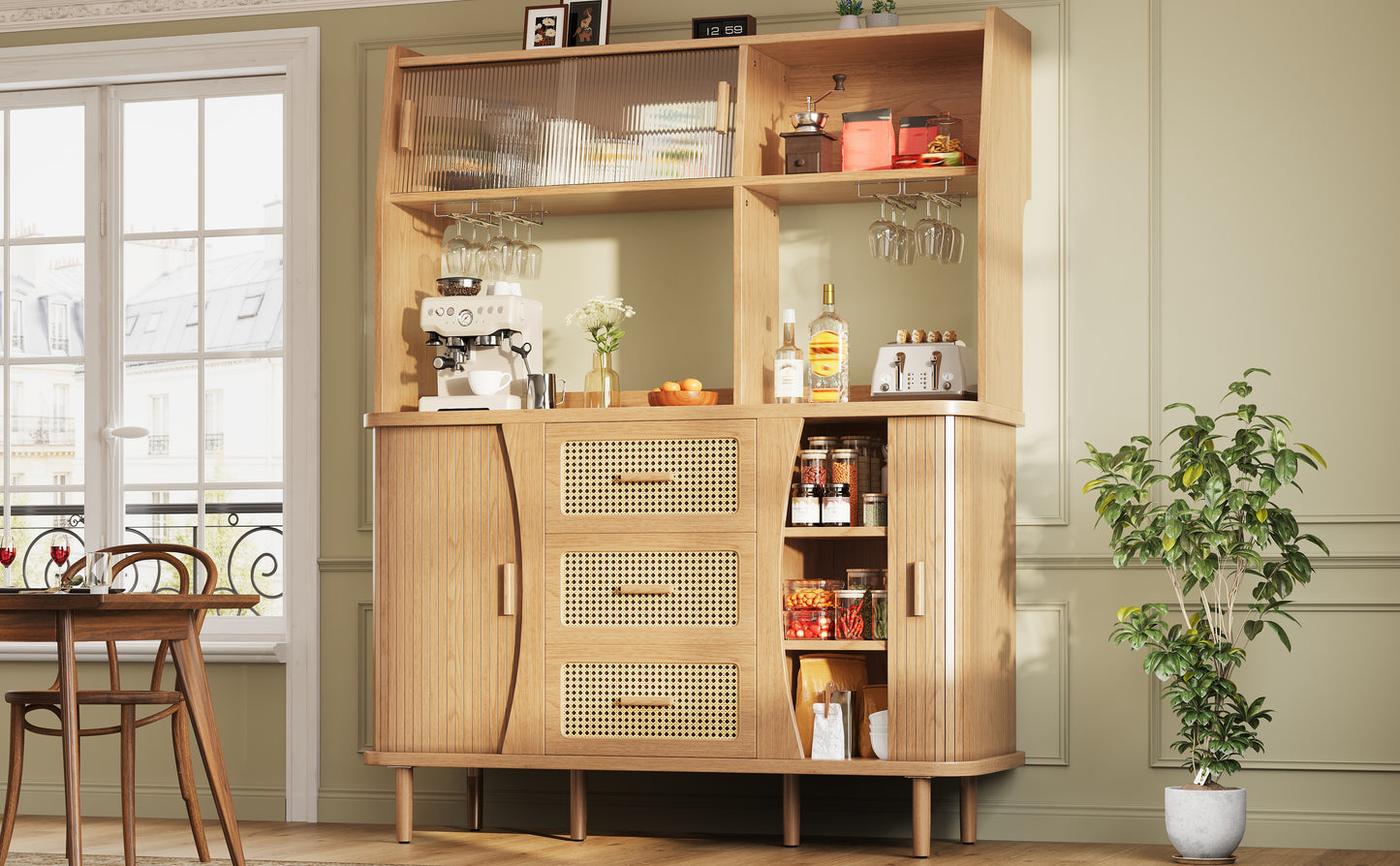 High-quality Sideboard With Rattan Look And Glass Sliding Doors, 174.5 Cm High Kitchen Cabinet With Storage Space, Natural Wood Walnut Look