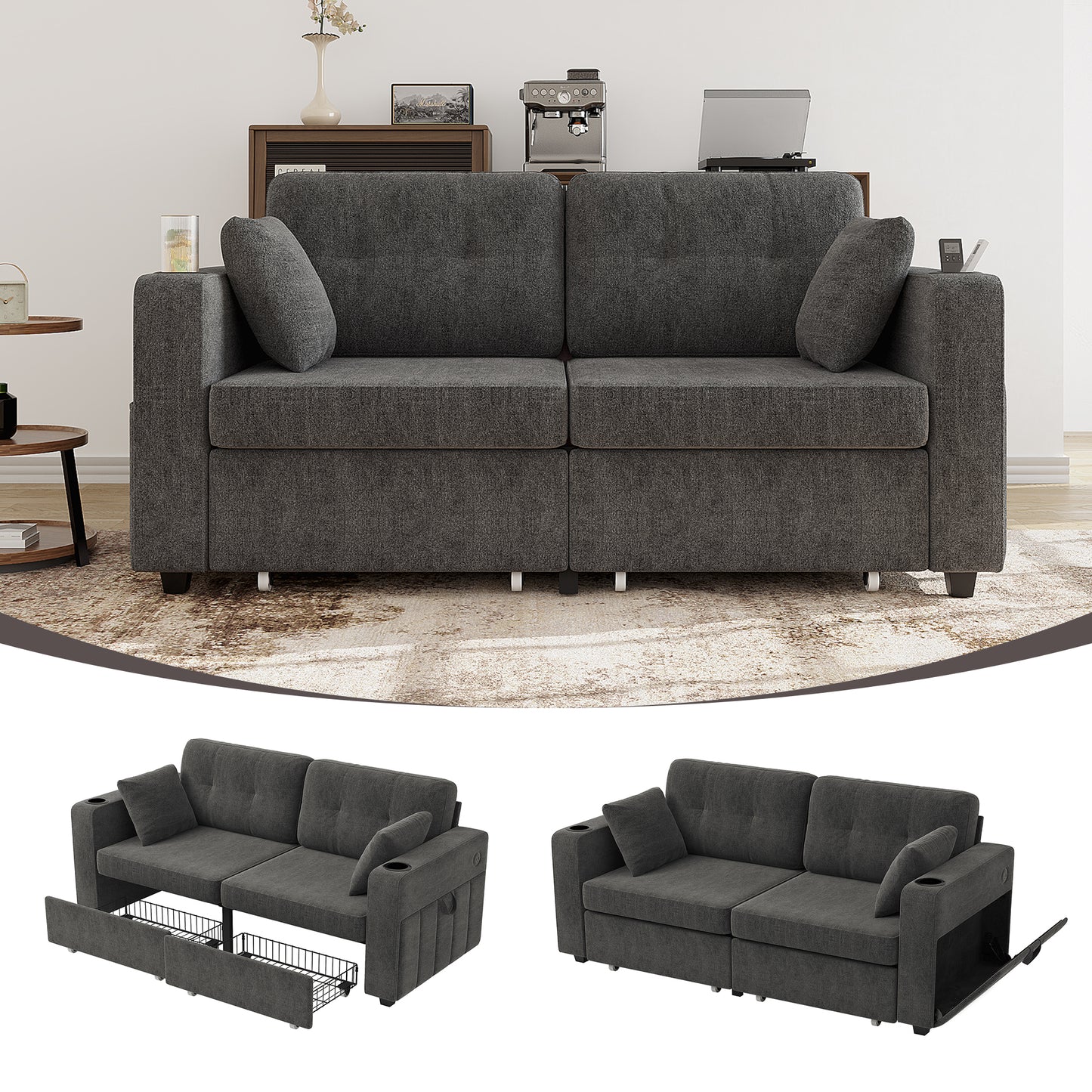 Two-seater Sofa With Two Storage Drawers And USB Charging Ports, With Cup Holders And Side Pockets, Equipped With Hidden Storage Compartments. Suitable For Living Rooms, Apartments And Reading Corners