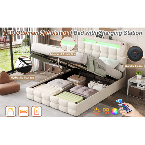 4ft6 Double Upholstered Bed Frame With Hydraulic Storage, Velvet Ottoman Bed With LED Lighting And Charging Station, Double Bed With Adjustable Button Tufted Headboard, Beige