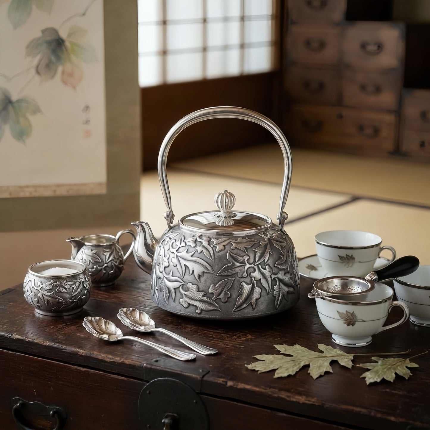925 Sterling Silver Handcrafted Silver Tea Kettle with Intricate Leaf Relief and High Arched Handle - Handicraft