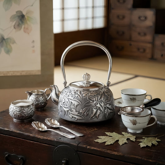 925 Sterling Silver Handcrafted Silver Tea Kettle with Intricate Leaf Relief and High Arched Handle - Handicraft