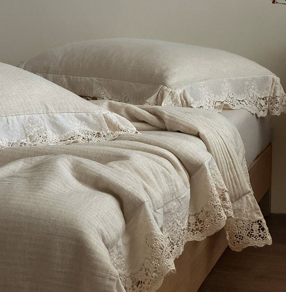 French Herringbone Jacquard Cotton-linen Double Bed Washable Summer Cooling Quilt With Lace Trim