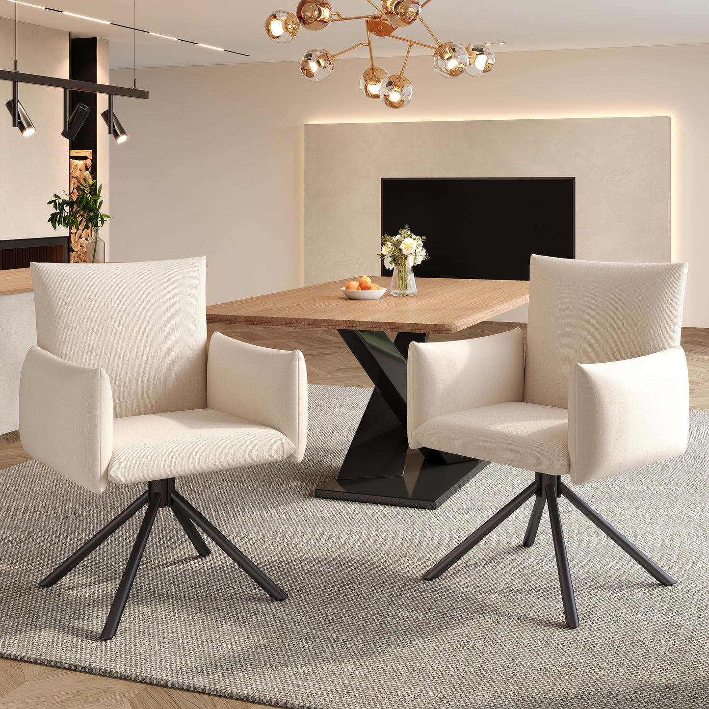 Two Dining Chairs Set, Upholstered Armchair With 4 Metal Legs, 360 Casual Swivel Chair, Living Room Bedroom Chair, Work And Desk Chair, Lumbar Support, Linen, Beige