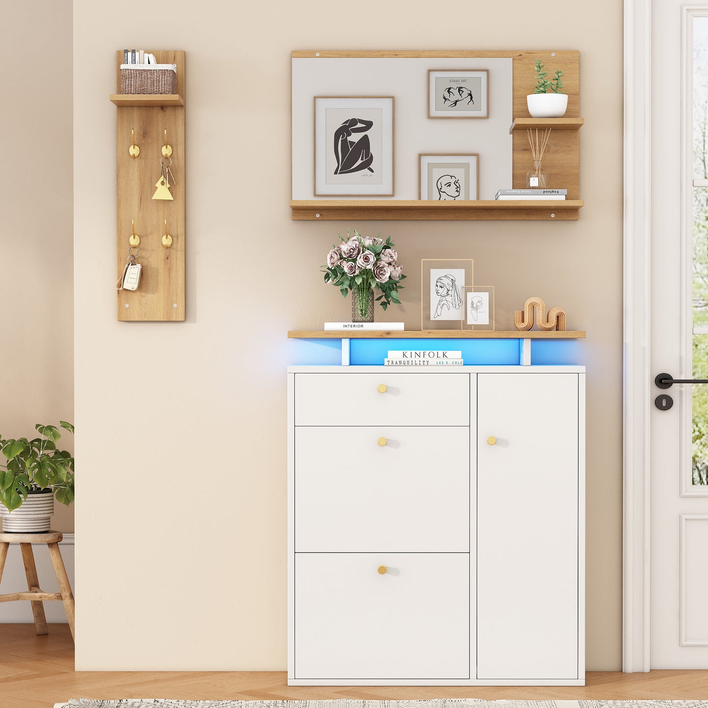 Hallway Coat Rack Set, 3-piece With Mirror, Hat Shelf And Shoe Cabinet Coat Rack With LED Lighting, 4 Coat Hooks, In Natural And White, Dimensions 105 X 25 X 151.5 Cm