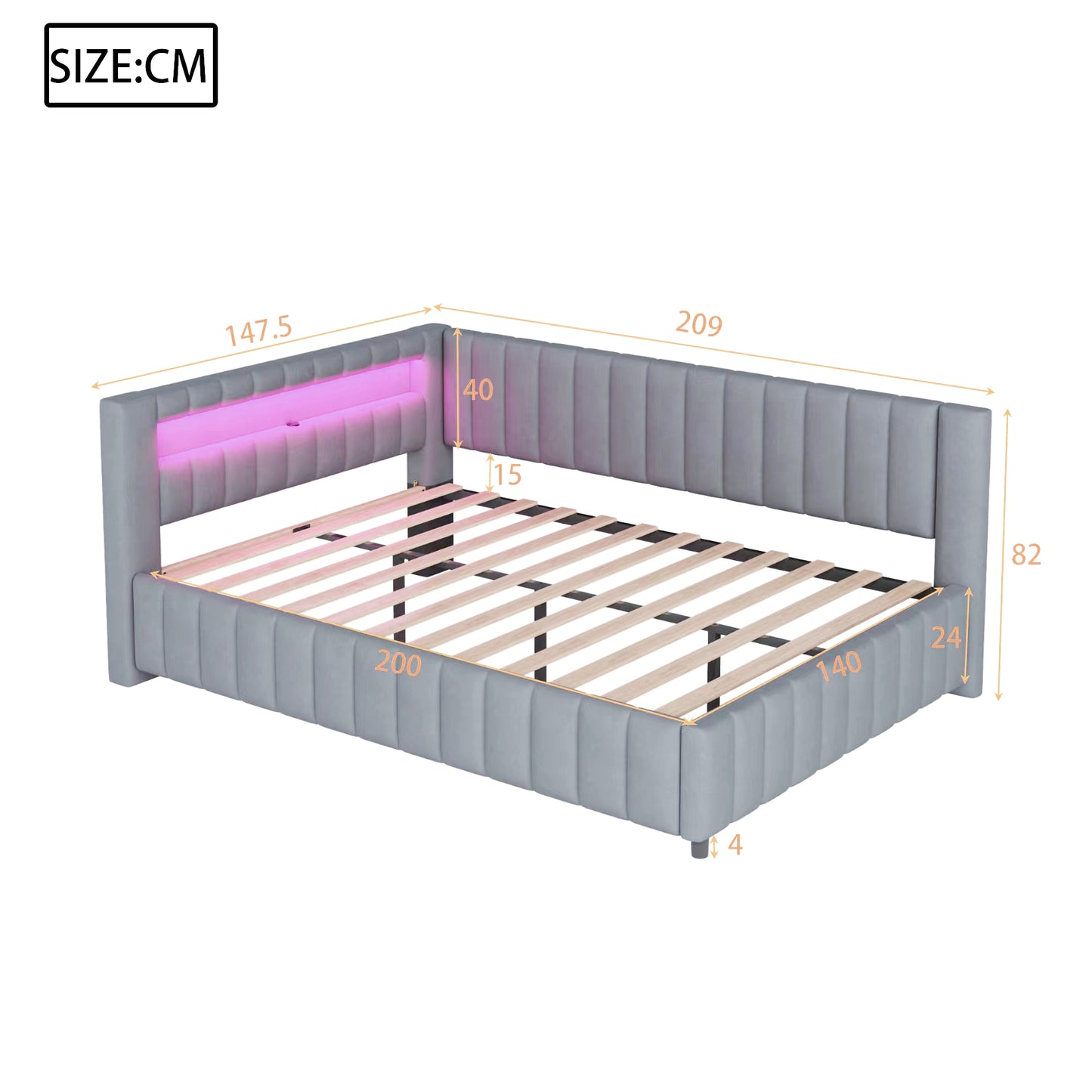 Upholstered Bed Sofa Bed 140x200, Upholstered In Velvet Fabric With LED Light And USB Charging Port, With Backrest, Headboard And Sturdy Bed Frame Grey