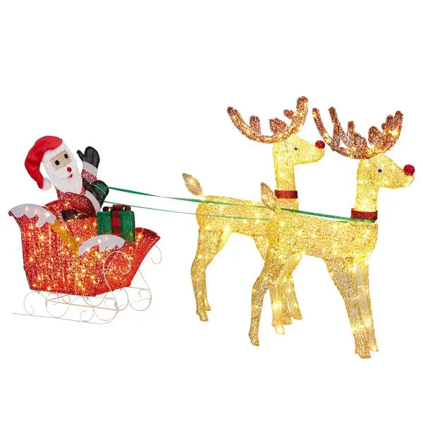 Lighted Reindeer Pulling Sleigh Christmas Decorations, Pre-lit Holiday Decor With270Warm White LEDfor Xmas Outdoor Indoor Decor Lighted Holiday Displays 30V 6W