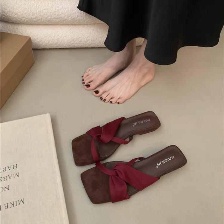 Women French Unique Design Block Heel Slide Sandals, 2026 New Summer Square Toe Open Toe Mid Heel Outdoor Slippers
