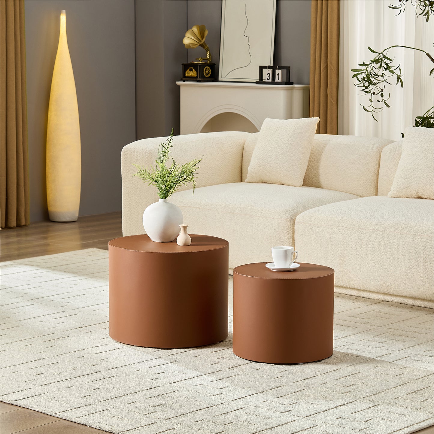 Modern Brown MDF Saddle Leather Table -Compact Sizes, Great For Living Room Decor & Daily Use