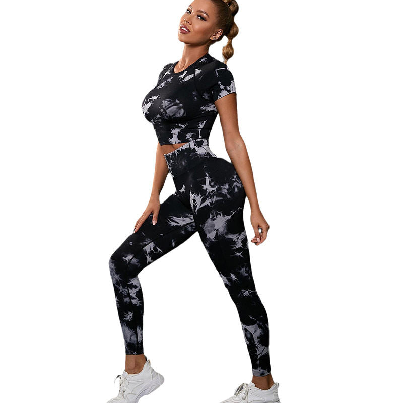 Women's Fashionable Temperament Tie-dyed Yoga Clothes Short Sleeve Shorts Suit