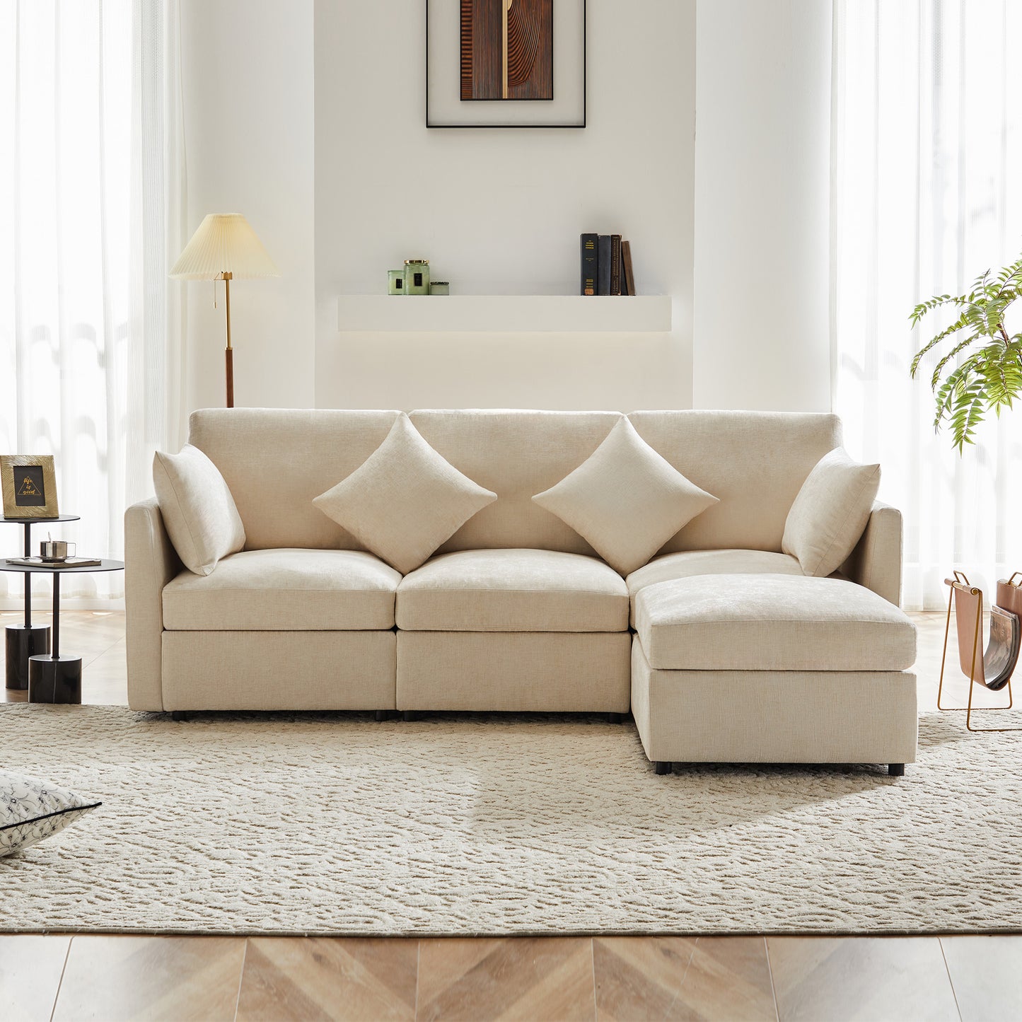 L-shaped Corner Sofa, Convertible To 3-seater, Modular Design, With Movable Footstool And 4 Chenille Cushions, Ideal For Living Room, Apartment And Office, Beige, With Video