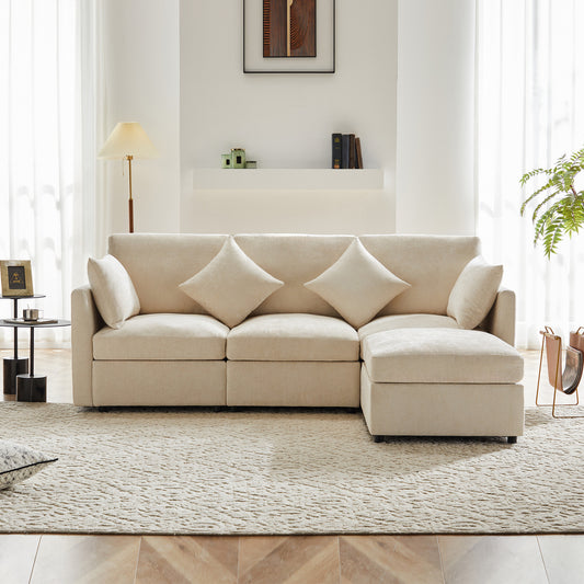 L-shaped Corner Sofa, Convertible To 3-seater, Modular Design, With Movable Footstool And 4 Chenille Cushions, Ideal For Living Room, Apartment And Office, Beige, With Video