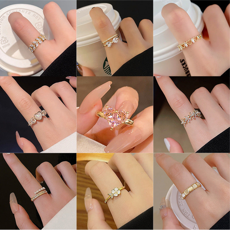 Korean Accessible Luxury High-End Zircon Pearl Ring Women's Retro Niche Design Bow Ring Open Bracelet