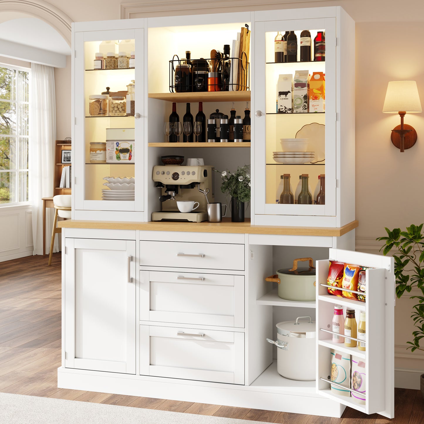 Kitchen Pantry Cabinet With App-Controlled LED Lights, 185cm Tall Storage Cabinet With Glass Doors, Drawers & Worktop, White