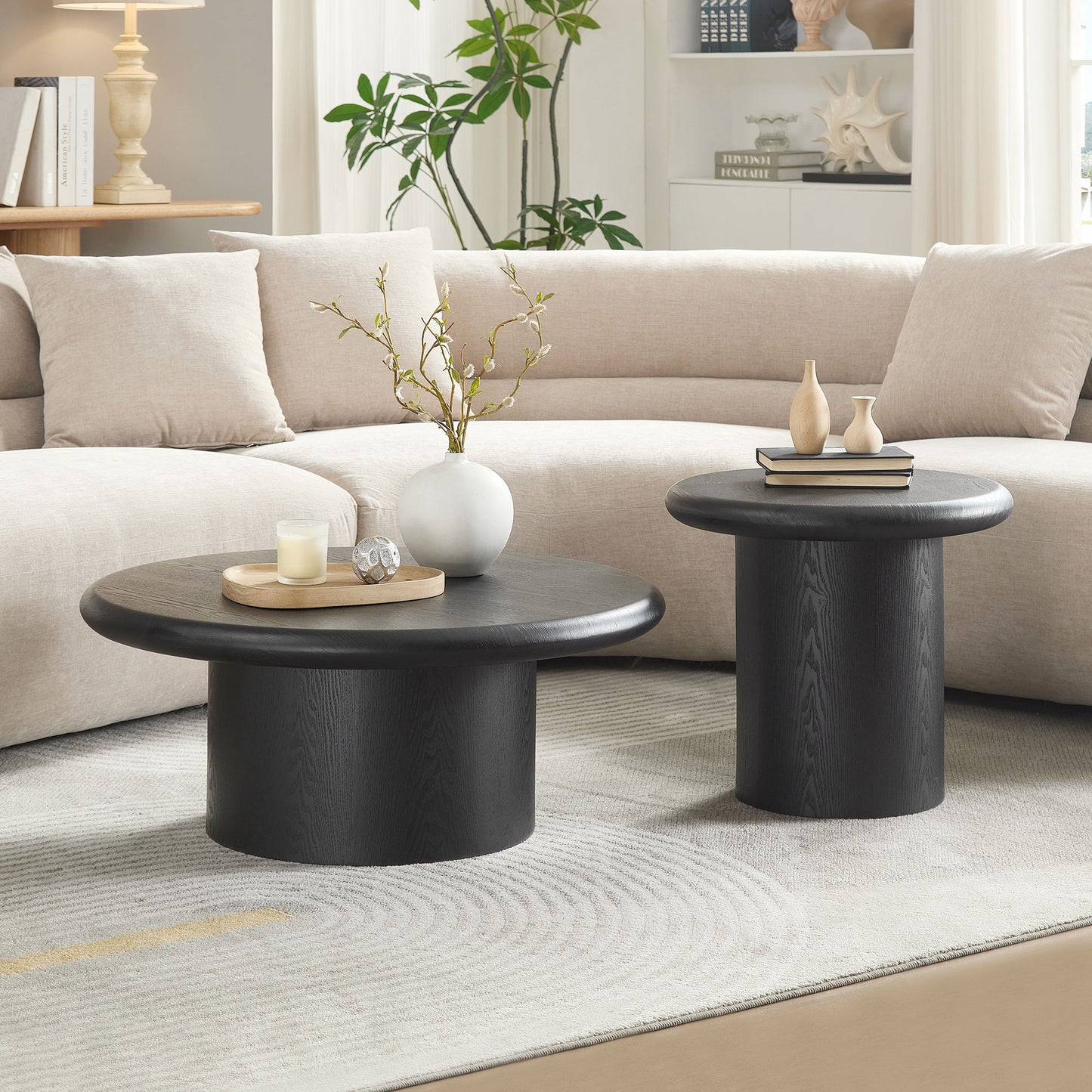 2-Piece Modern Round Coffee Table Set For Living Room,Easy Assembly Coffee Tables, End Side Tables For Leisure Area,Office,Black