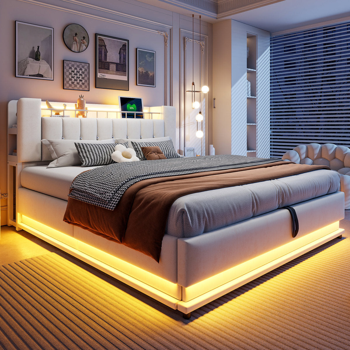 Smart Upholstered Bed 180 X 200 Cm With LED Lighting, USB And Hydraulic Storage, Soft Velvet Cover And Metal Frame, Beige