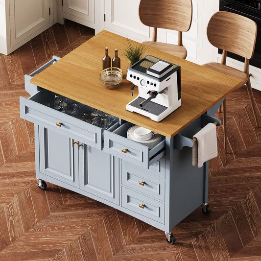 K&K 52   Kitchen Island With Drop Leaf, Embossed Texture Kitchen Island On Wheels With Spice Rack, Towel Rack, 2 Doors And 5 Drawers, Kitchen Storage Cart With Adjustable Shelf For Kitchen, Blue Grey