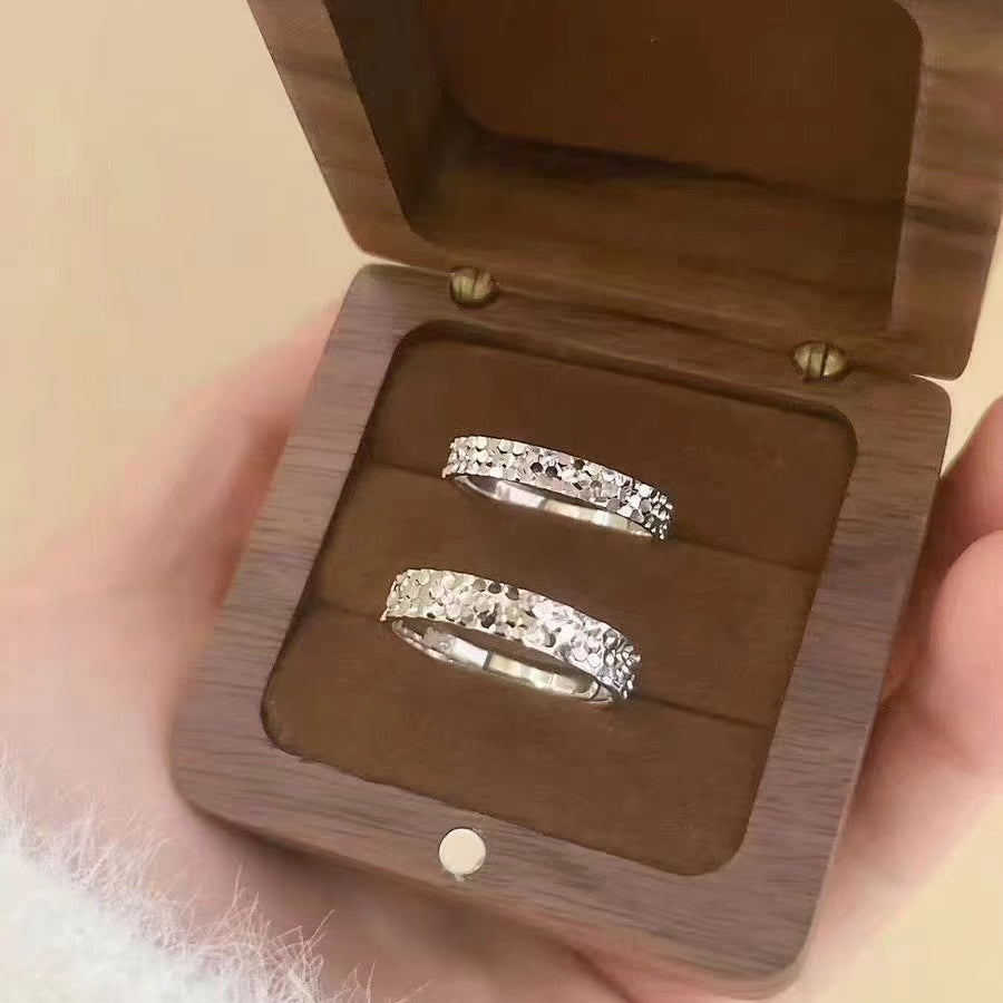 1 Pair 999 Sterling Silver Crushed Ice Hammered Couple Rings, Minimalist Shiny Style, For Daily Wear & Valentine's Gifts