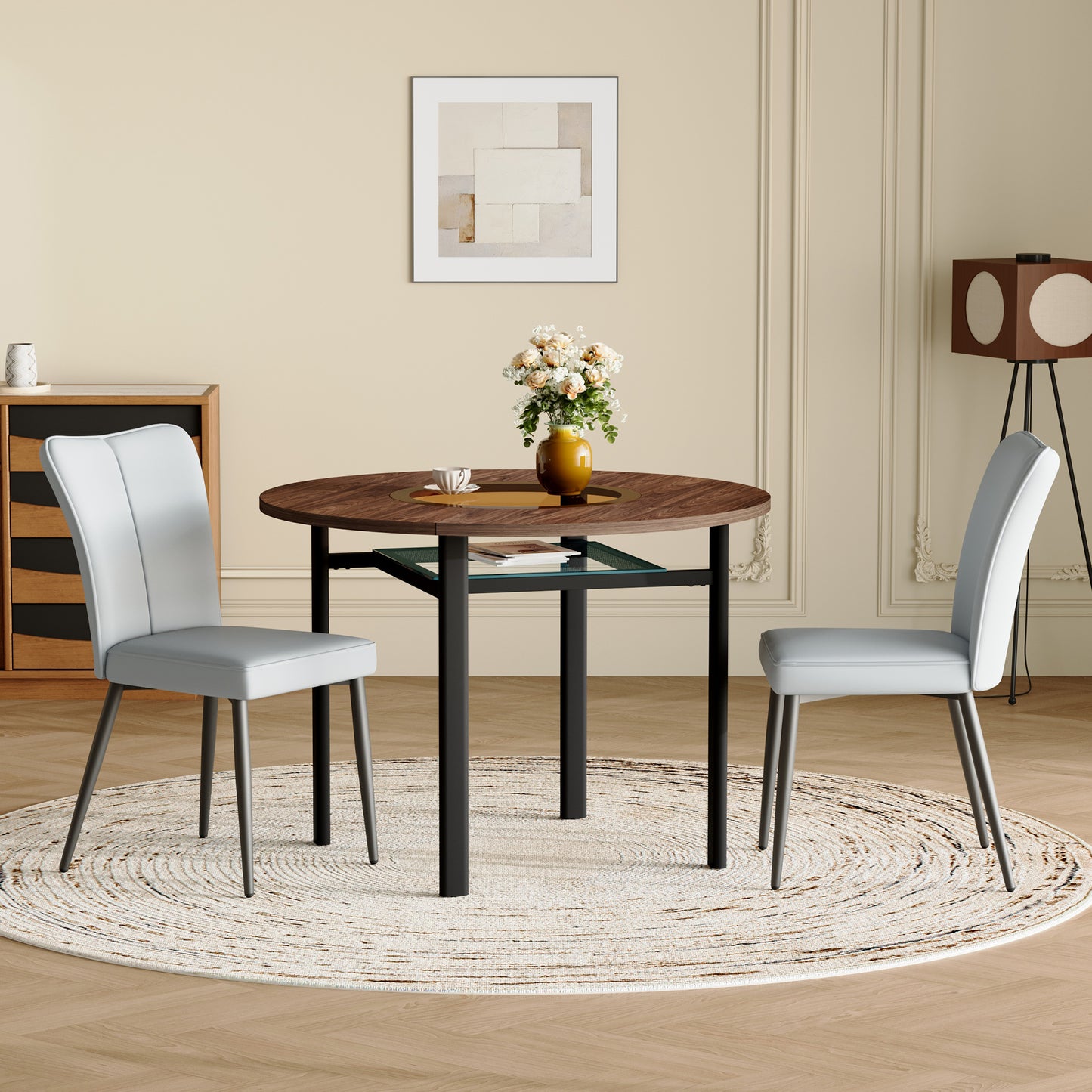Modern Minimalist Round Dining Table Set  With 2 Light Grey PU Chairs , Round Table With 100 Cm Diameter In Wood Look, Suitable For Dining Room And Kitchen.