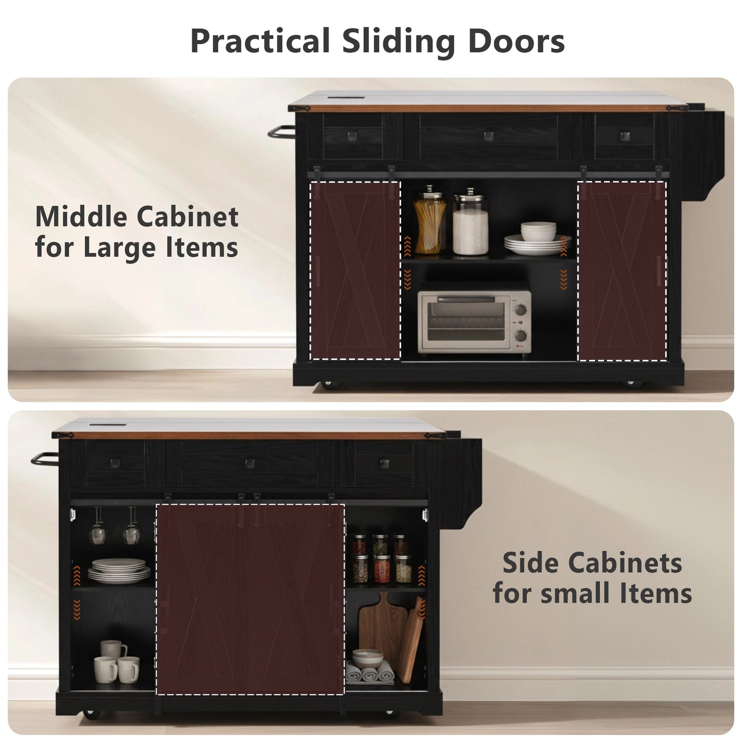 K&K 58 Farmhouse Kitchen Island With Storage,Sliding Barn Door & Metal Grid Side Door,Rolling Kitchen Island On 5 Wheels With Spice Rack, Glass Holders,Island Table With Drop Leaf For Kitchen,Black