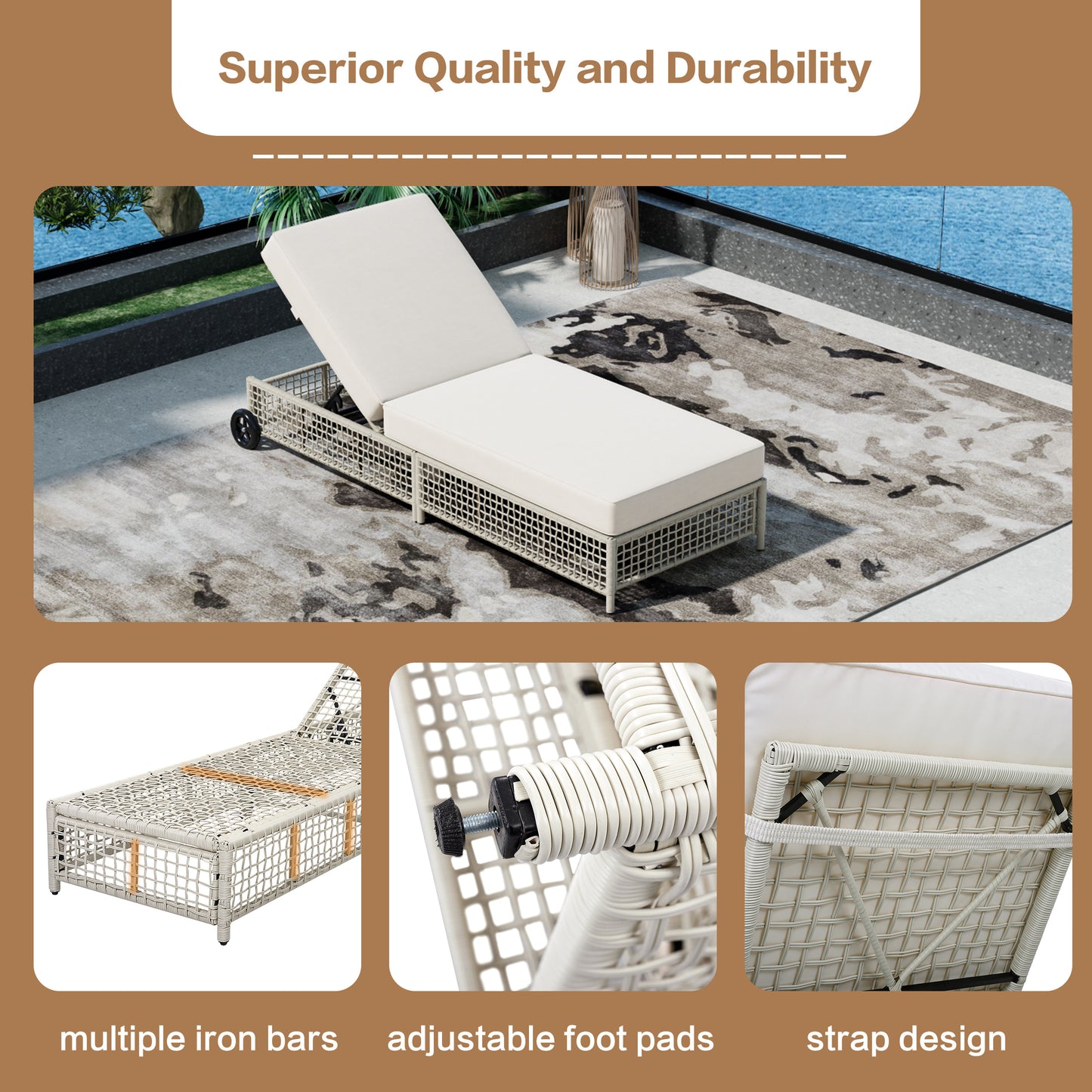 TREXM Outdoor Lounge Chair, Patio Chaise Lounge With 5-Position Backrest, Rattan Outdoor Lounge Chair With Cushion And Wheels For Poolside, Backyard, Garden  Beige Cushion Creamy White