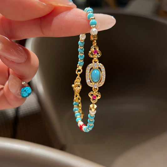 New Chinese-Style Ancient-Style Imitation Turquoise Beaded Bracelet, Stackable Metal Flower Bracelet, Versatile And Stylish Jewelry For Women