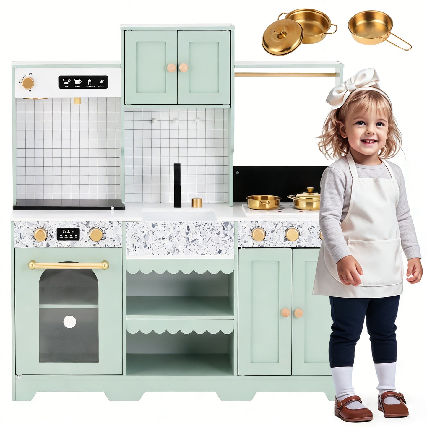 Children's Kitchen, Play Kitchen-Creative Design, Accessories And Surprise Effects, An Excellent Gift For Children From 3 Years, Wood  Plastic, Green, 30x90x98cm