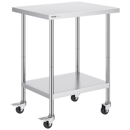 Stainless Steel Work Table 24 X 30 X 38 Inch, With 4 Wheels, 3 Adjustable Height Levels, Heavy Duty Food Prep Worktable For Commercial Kitchen Restaurant, Silver